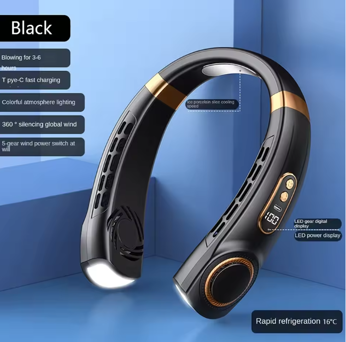 Black wireless Mini Hanging Neck Fan on a blue background