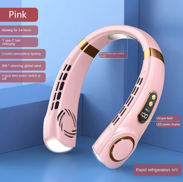 Pink neck fan with digital display on a blue background