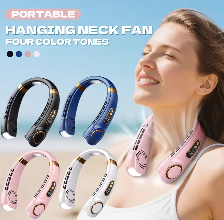 Portable hanging neck fan with four color options displayed on a woman wearing it.