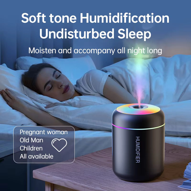Humidifier on a nightstand with a woman sleeping in the background, labeled for soft tone humidification and undisturbed sleep.