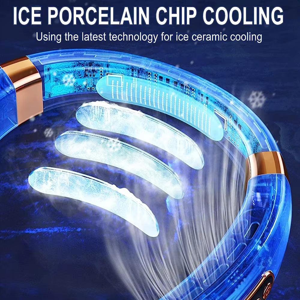 Ice porcelain chip cooling technology with blue and gold design on a dark background