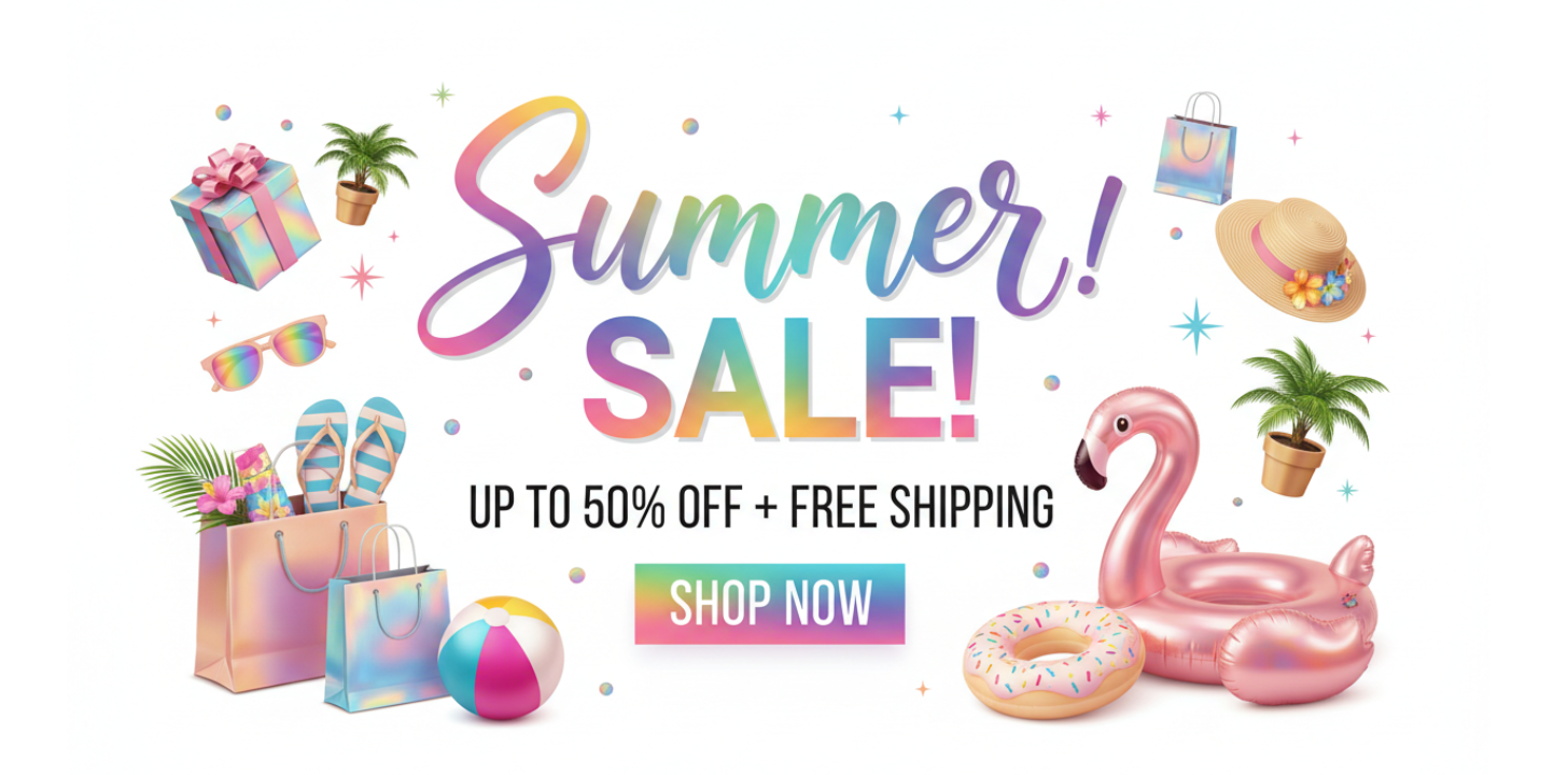 Summer sale banner with promotional text and summer-themed items on a white background