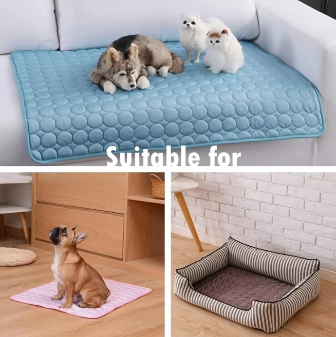 A three-panel collage showing pet Dog Cooling Mat products in use: a blue quilted sofa cushion cover on a white couch with two cats, a pink striped pet mat on a wooden floor with a dog, and a striped pet bed with a brown quilted insert. The top panel includes the text 'Suitable for'.