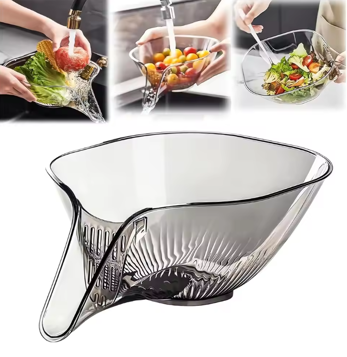 Clear Multi-functional Kitchen Strainer Basket with images of using it to wash and prepare vegetables.