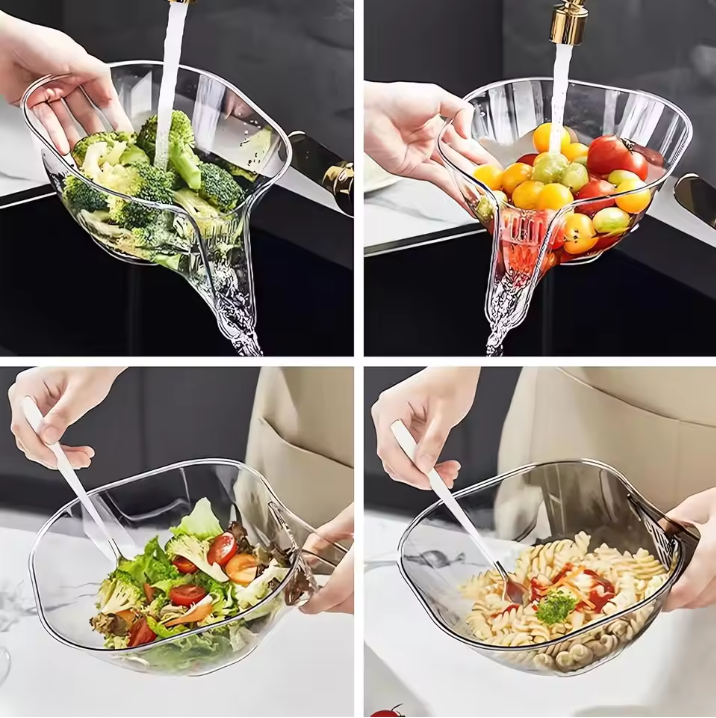 Multi-functional Kitchen Strainer Basket with handle used for various food items including vegetables, fruits, salad, and pasta.
